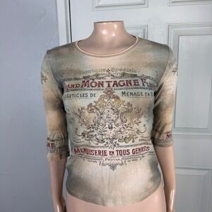 Vintage Y2K Shirt jamee J Cotton Baby Tee Knit Small Print Crew 3/4 Sleeve W3-7